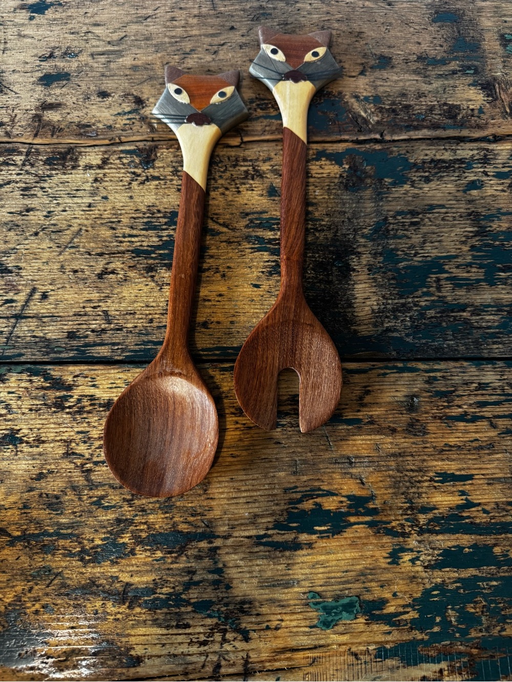 Handcrafted Fox or Cat Wooden Salad Servers in Brown and Cream